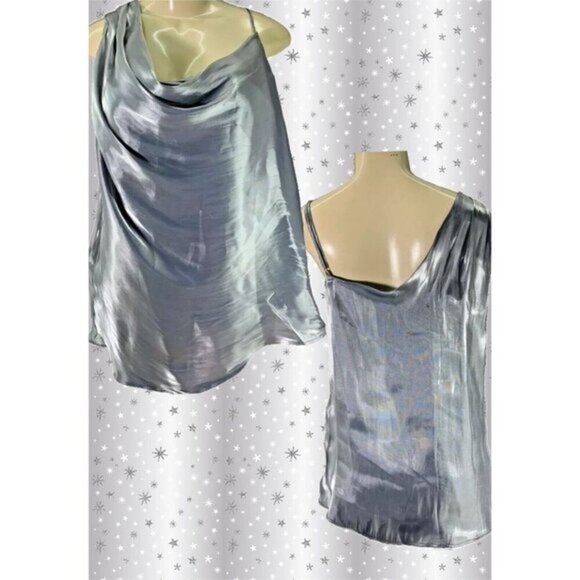 Free People XL Silver Metallic Shimmer Satin Lined Draped One Shoulder Blouse - Picture 1 of 7